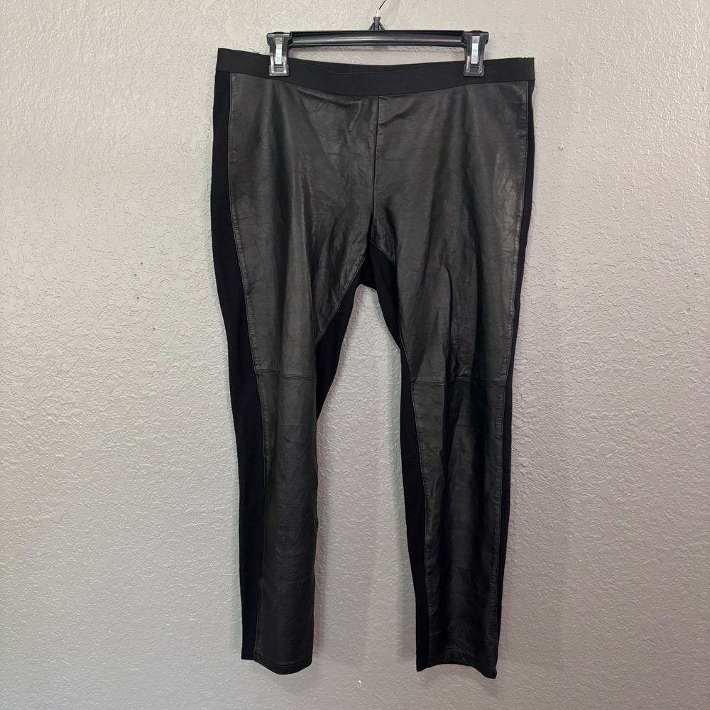 Eileen Fisher Petite Black Leather Front Leggings Mixed Media Pants PL PG